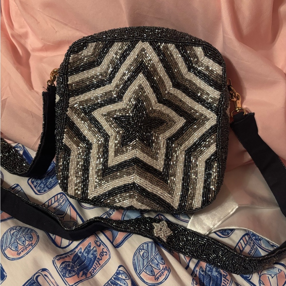 Shirdee Black and Silver Beaded Star Pattern Crossbody Bag